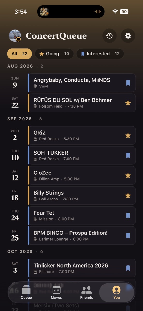 The concert calendar with Going and Interested shows