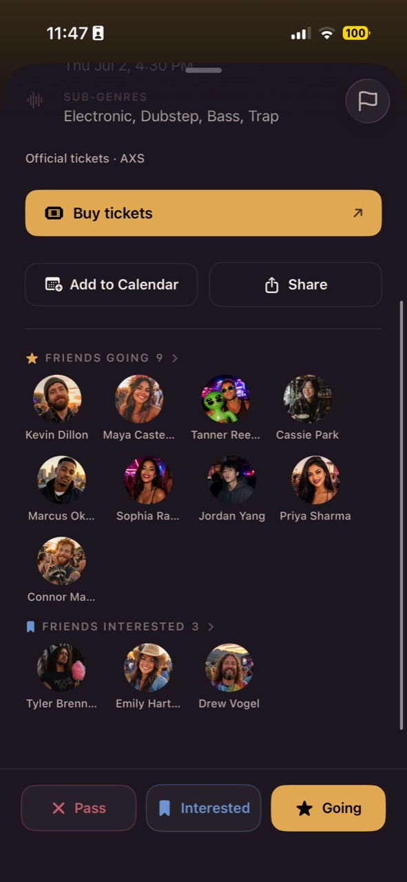 A show detail screen with official tickets and friends going