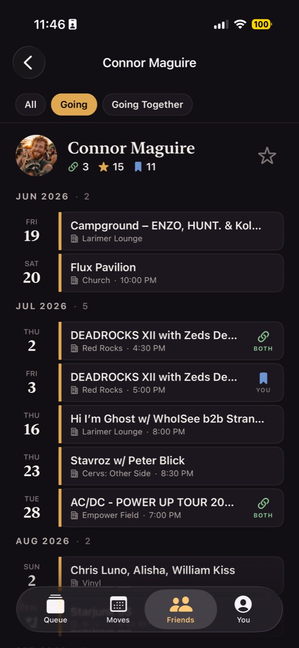 A friend's profile with their Going shows and overlap badges