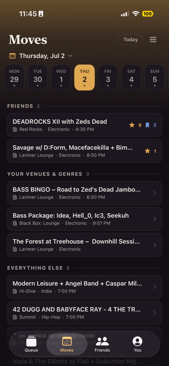 The ConcertQueue Moves screen listing tonight's shows, grouped by friends and your venues and genres